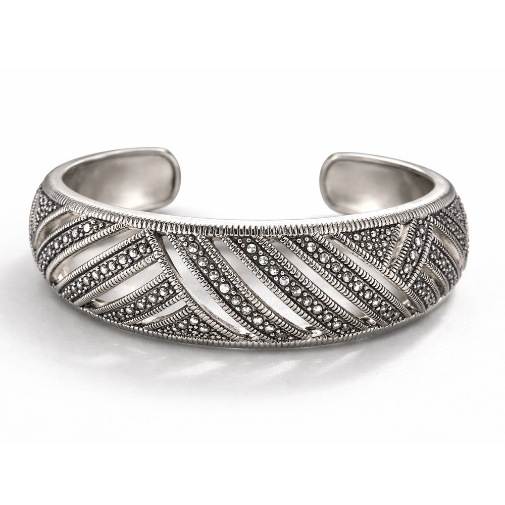 Marcasite Crystal Silver Tone Openwork Art Geometric Pattern Deco Cuff Bracelet